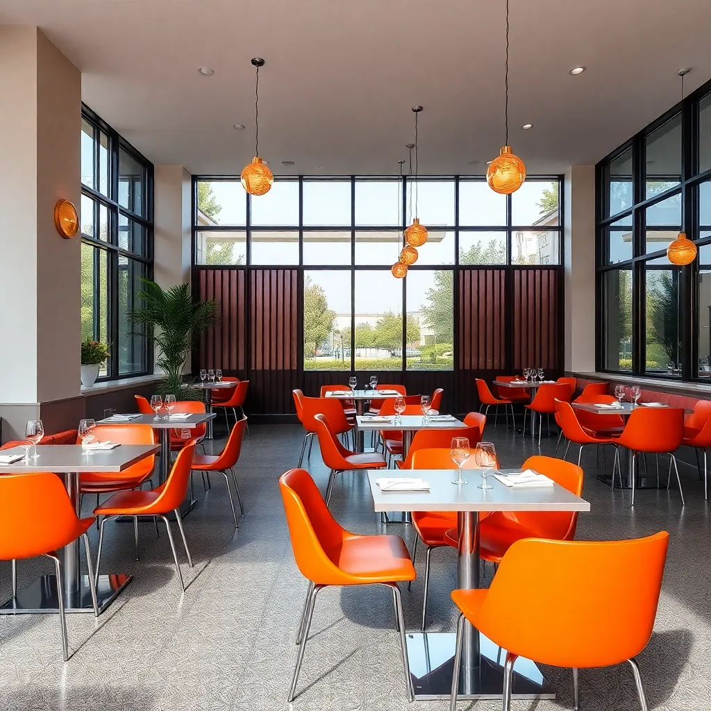 Restaurant with orange chairs and tables